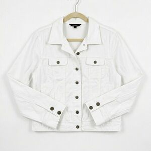 COTTON GINNY White Boho Denim Retro Trucker Jacket Leaf Buttons 90s Vintage Y2K